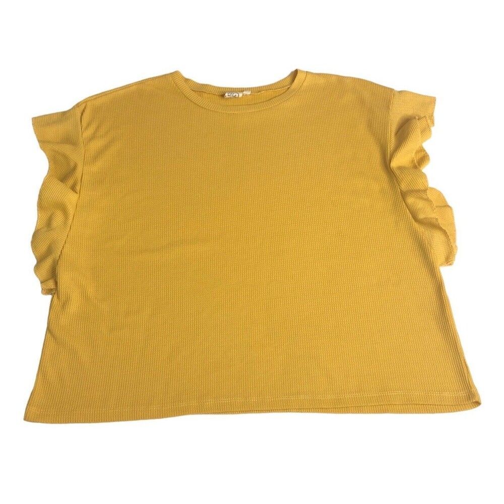 Grace & Emma Top Womens Extra Large Yellow‎ Waffle Knit Short Ruffle Sleeve Boxy
